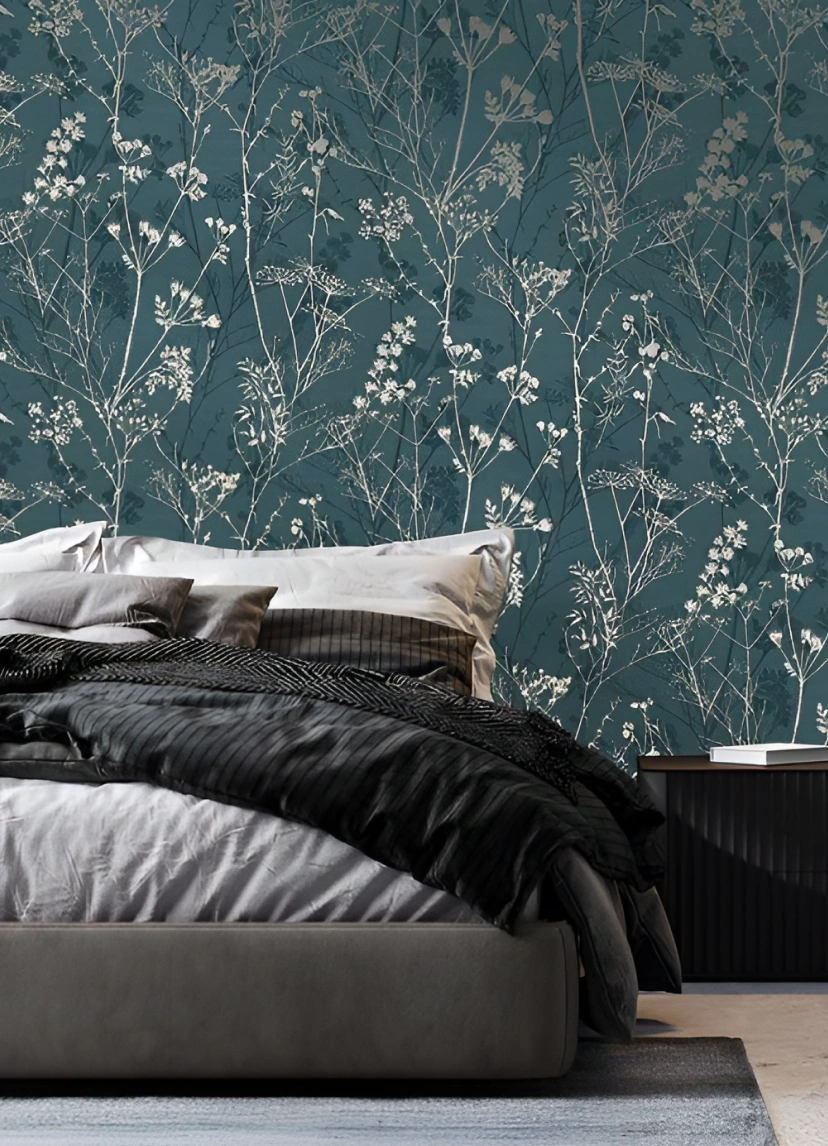 Green silver wallpaper look stunning with bedroom area